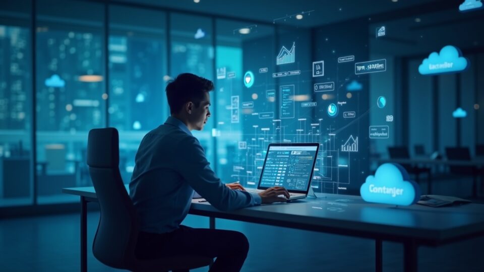 Corporate fintech executive at a bank desk, holographic charts of fiat and crypto and API data streams in the cloud.