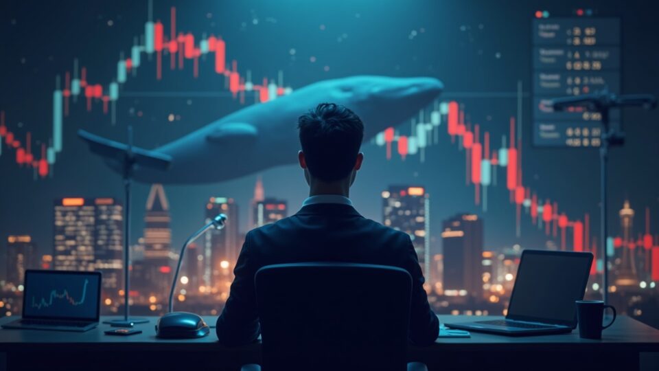 Crypto operator in the foreground against a rising PEPE chart, a whale silhouette and regulatory symbols in the background, newsroom style.