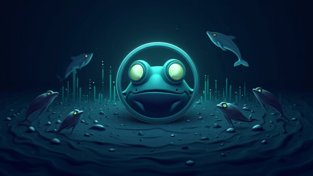 Photorealistic header: the Pepe frog in the center, whales around it and an ascending chart with on‑chain data.