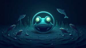 Photorealistic header: the Pepe frog in the center, whales around it and an ascending chart with on‑chain data.