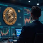 Analyst in front of a glowing Polymarket panel, out-of-focus Nobel medal in the background and blockchain charts.