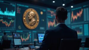 Analyst in front of a glowing Polymarket panel, out-of-focus Nobel medal in the background and blockchain charts.