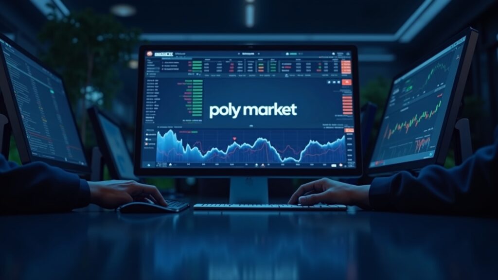 Trading terminal in the foreground with Polymarket and QCEX branding and a U.S. regulatory backdrop.