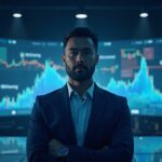 Trader at the center, screens with holographic markets and Polymarket and ICE logos in a crypto room.