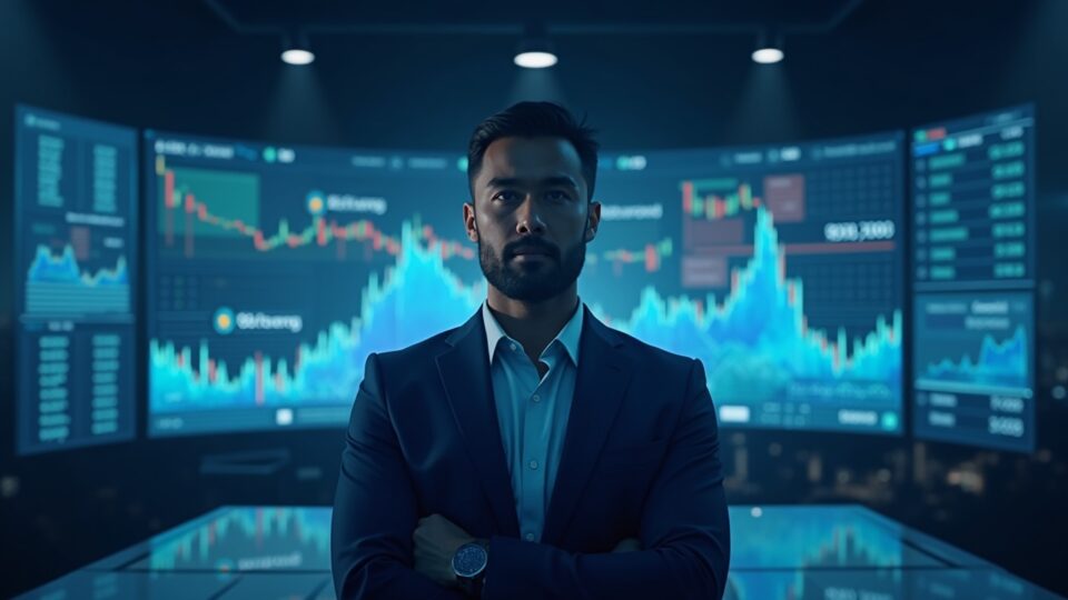 Trader at the center, screens with holographic markets and Polymarket and ICE logos in a crypto room.