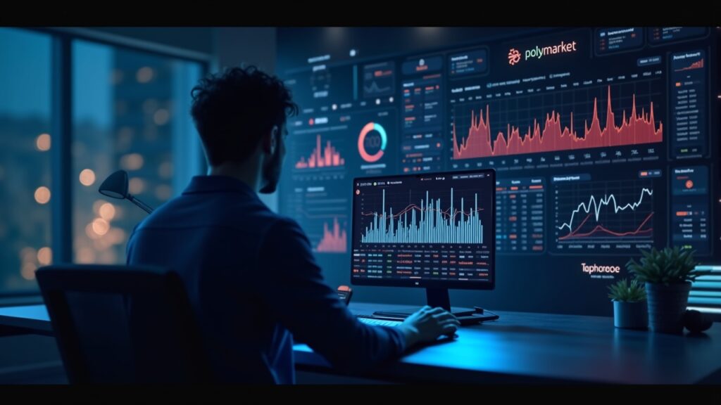 Central trader in front of a prediction board with Kalshi and Polymarket icons, rising charts, and regulatory scales.