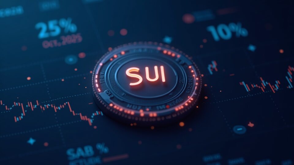 Realistic icon of the SUI token with a price chart dropping 15% in one week and an October 2025 calendar