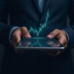 Hands of a trader over a tablet with an upward chart, overlay of blockchain network and market data in the background
