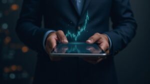 Hands of a trader over a tablet with an upward chart, overlay of blockchain network and market data in the background