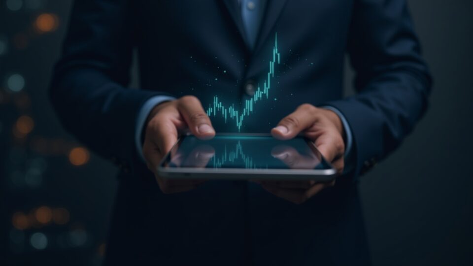 Hands of a trader over a tablet with an upward chart, overlay of blockchain network and market data in the background