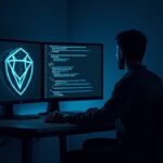 Developer at a modern desk, screen with code and shield, local offline AI and privacy with Qtum Ally.