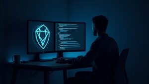 Developer at a modern desk, screen with code and shield, local offline AI and privacy with Qtum Ally.