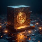 quantum computer in front of an illuminated bitcoin vault, surrounded by post-quantum shields and blockchain nodes