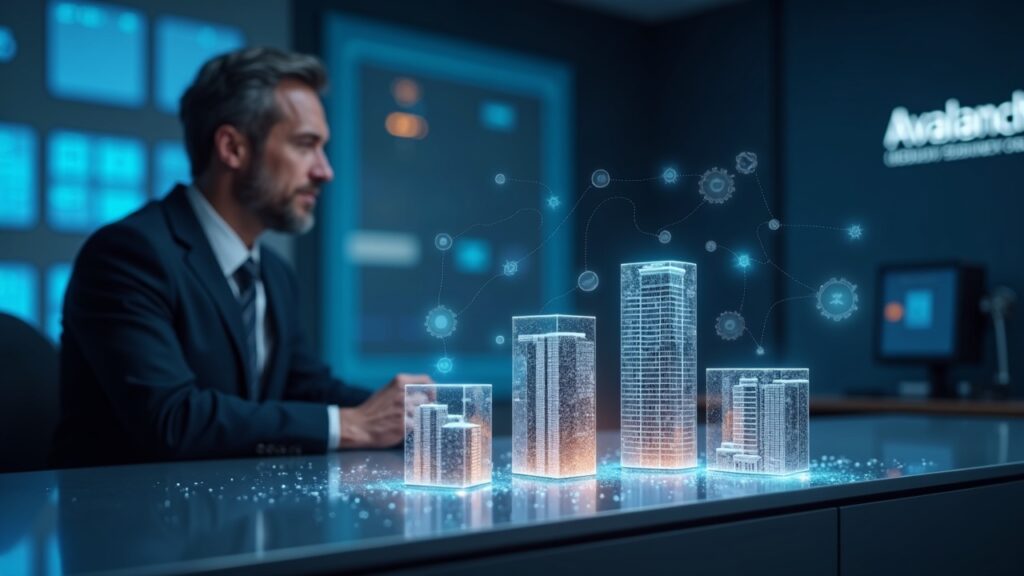 realistic scene: broker in front of table, holographic blocks tokenizing Bergen County deeds with Chainlink CRE and Avalanche.