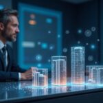 realistic scene: broker in front of table, holographic blocks tokenizing Bergen County deeds with Chainlink CRE and Avalanche.