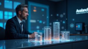 realistic scene: broker in front of table, holographic blocks tokenizing Bergen County deeds with Chainlink CRE and Avalanche.