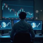 Worried retail trader at a sleek desk; Bitcoin price plunge on screens, ETF logos, crash graph, and subtle regulatory icons.