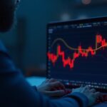 Retail trader in front of a laptop showing a red Bitcoin chart and a fear indicator, blue newsroom lighting.