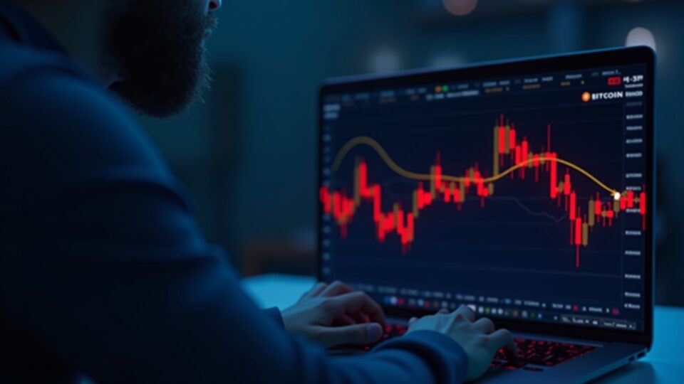 Retail trader in front of a laptop showing a red Bitcoin chart and a fear indicator, blue newsroom lighting.