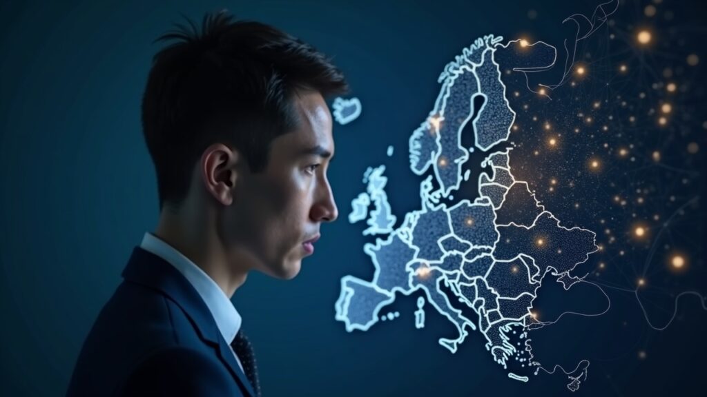 Photorealistic portrait of a fintech executive in front of a map of Europe with crypto nodes and the MiCA CySEC badge.