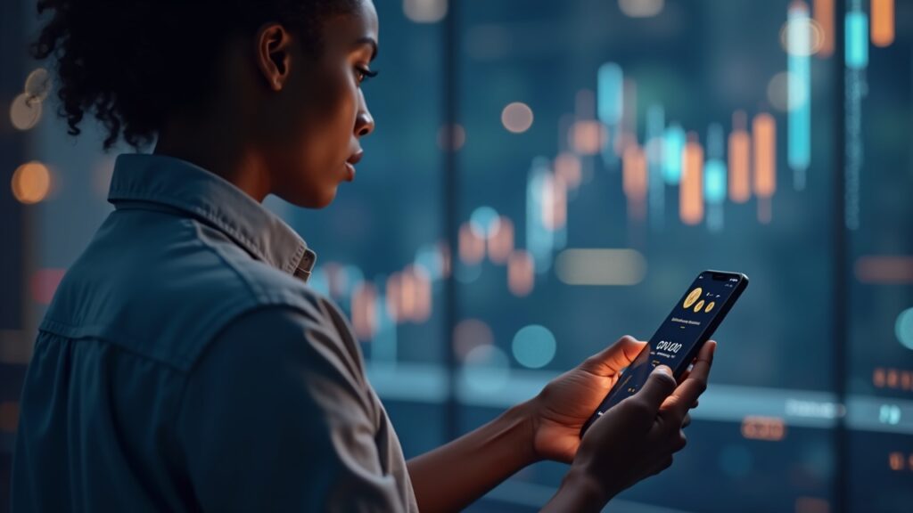 A diverse person uses a mobile with Revolut, showing stablecoin icons and a fee-free swap symbol on a fintech background.