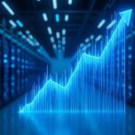 Crypto mining facility with ASIC miners, blue lighting, and a rising stock chart.