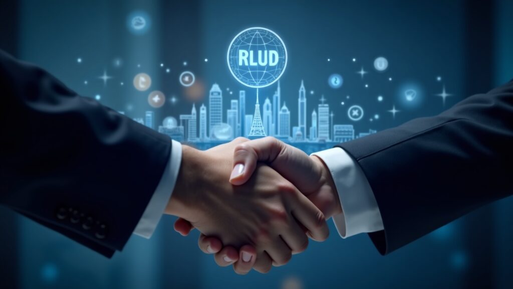 Ripple executives and a Bahrain FinTech Bay leader shake hands, RLUSD hologram and Bahrain skyline in the background.