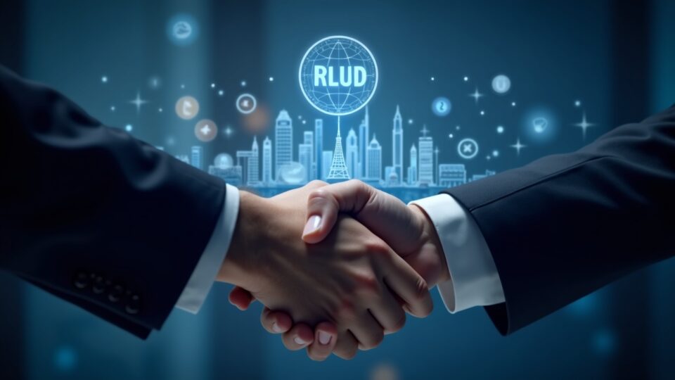 Ripple executives and a Bahrain FinTech Bay leader shake hands, RLUSD hologram and Bahrain skyline in the background.