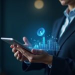 A corporate treasurer looks at a tablet with the Ripple logo; asset flows between traditional finance and crypto.