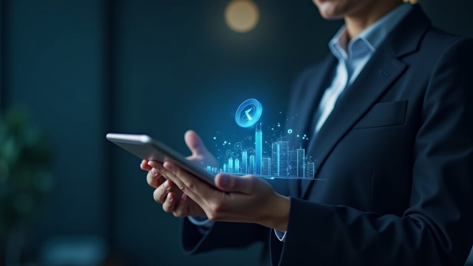 A corporate treasurer looks at a tablet with the Ripple logo; asset flows between traditional finance and crypto.