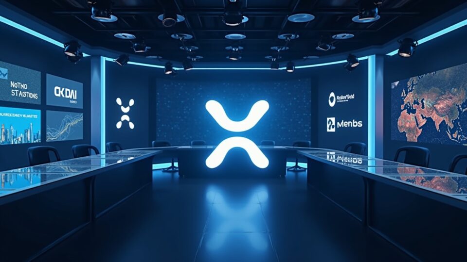 Newsroom header: Ripple logo alongside Hidden Road, XRP symbol and screens showing institutional liquidity
