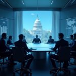 Crypto executive table in a modern room, holographic market charts, silhouette of the Capitol in the background and screens with dark bars.