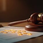 Russian courtroom, gavel on a divorce document and a blockchain ledger book with crypto icons
