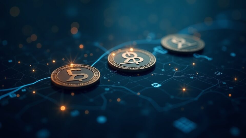 Photorealistic image of a digital ledger with three highlighted RWA tokens and a timeout, showing real assets and governance.