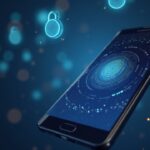 Galaxy phone showing Samsung Wallet with Coinbase, biometrics and secure enclave, floating crypto icons.