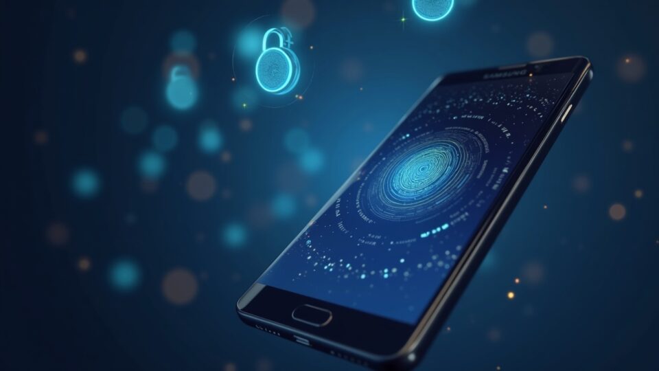 Galaxy phone showing Samsung Wallet with Coinbase, biometrics and secure enclave, floating crypto icons.