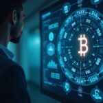 Executive in a technology control room, with holographic AI and blockchain screens, and SBI Web3 finance icons.