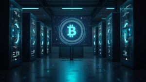 Realistic scene in a boardroom with a glass screen displaying the digital BTC treasury alongside mining rigs