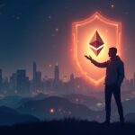 Tech innovator votes in front of a zero-knowledge shield, Ethereum skyline, suggesting privacy and decentralization.