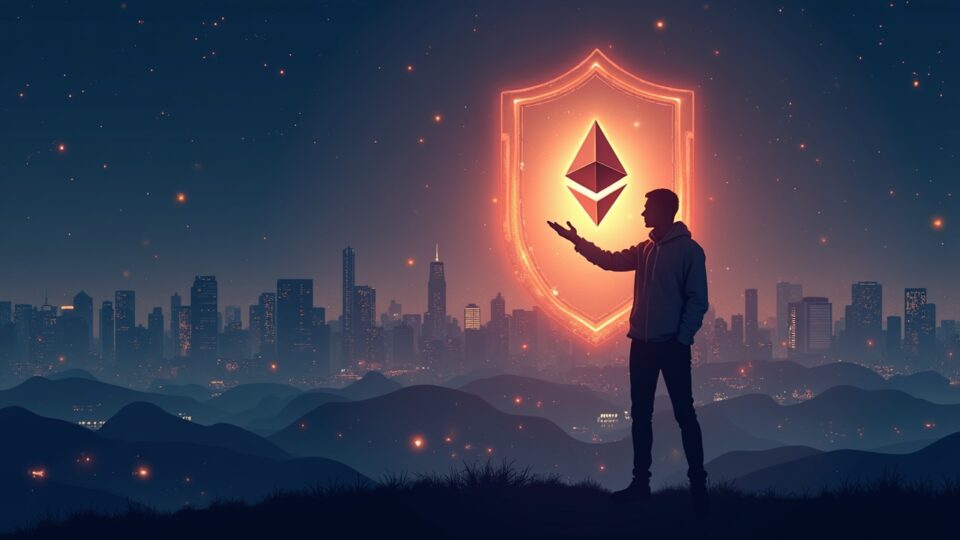 Tech innovator votes in front of a zero-knowledge shield, Ethereum skyline, suggesting privacy and decentralization.