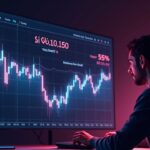 Photorealistic crypto trader in front of a SHIB chart with a 55% rebound and a supply of 590 trillion, an equation indicating that $1 is impossible.
