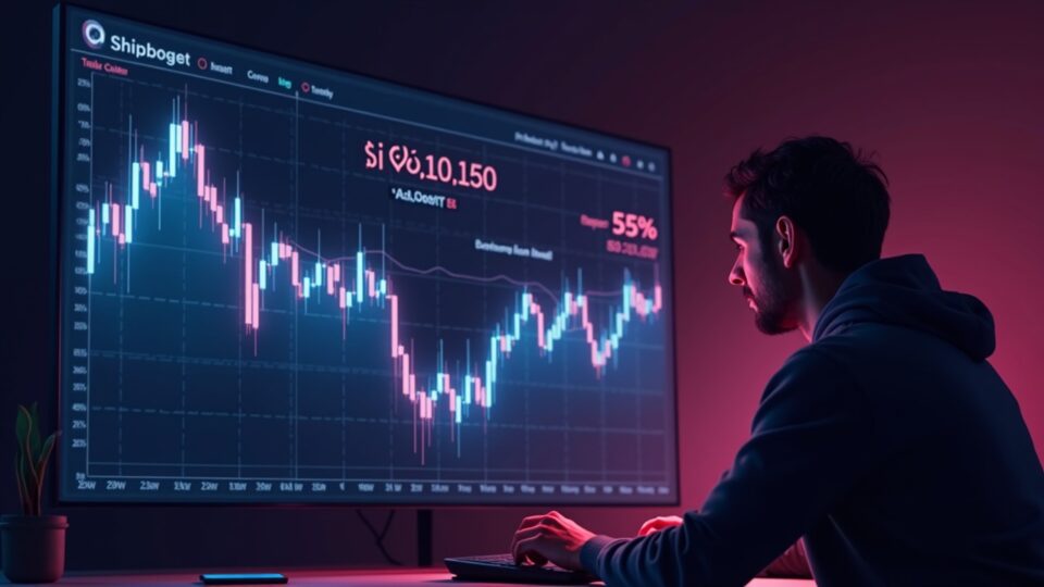 Photorealistic crypto trader in front of a SHIB chart with a 55% rebound and a supply of 590 trillion, an equation indicating that $1 is impossible.