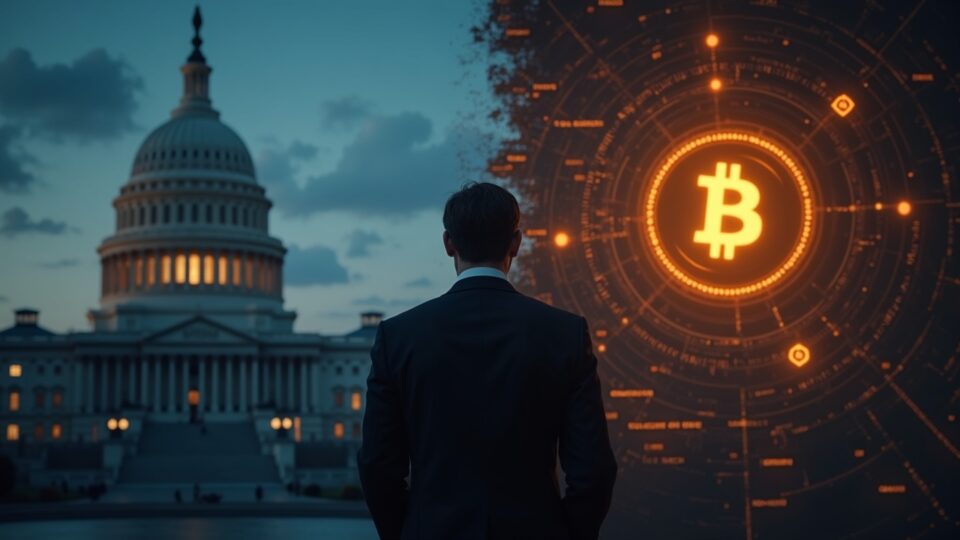 Financial professional in a suit, split screen: the Capitol with a shutdown on the left and Bitcoin illuminated with data.