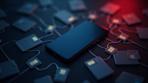 Smartphone in the center surrounded by SIM cards forming a network of fake accounts; Europol badge in the background and a red glow.
