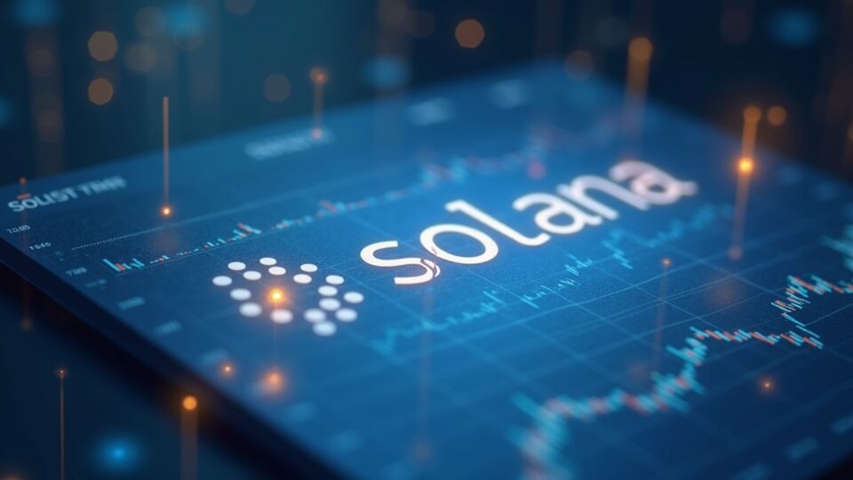 Solana logo over a Bitwise ETF document, with data charts and staking icons in an institutional fintech setting