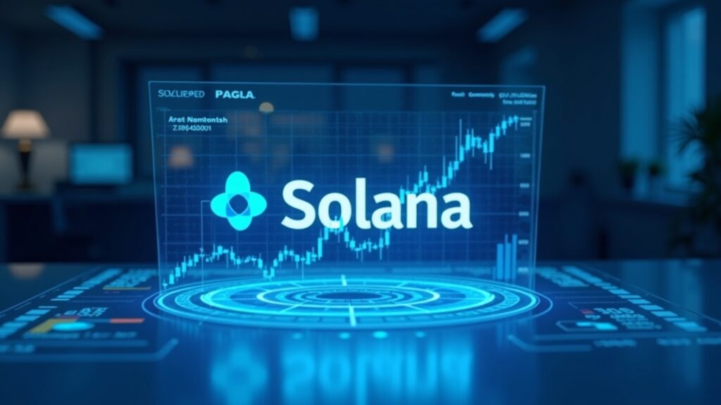 Solana logo over a trading desk, holographic charts show low inflows and a price below $200.