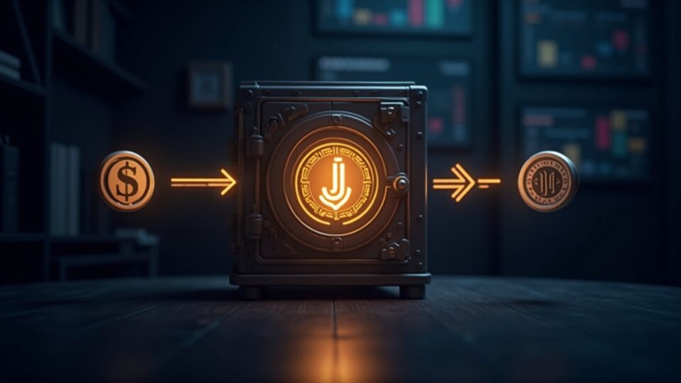 Central, luminous JupUSD token in a Solana-inspired vault, arrows move liquidity from USDC to JupUSD in front of a DeFi dashboard.