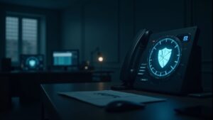 Press image: Saga fades alongside the Seeker, icon of a digital vault with a cracked shield and neutral lighting.