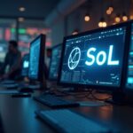 Trading desk with a glowing SOL logo on a monitor and traders, symbolizing Fidelity's institutional Solana access