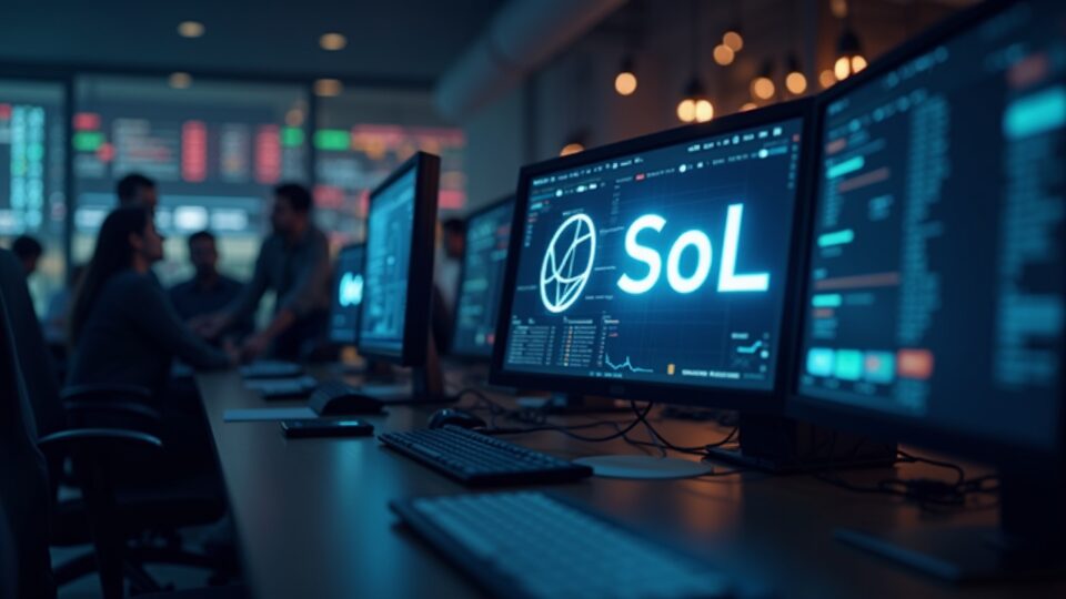 Trading desk with a glowing SOL logo on a monitor and traders, symbolizing Fidelity's institutional Solana access